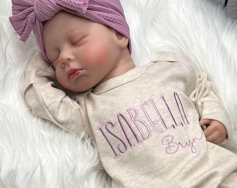 Personalized Baby Gown Coming Home Outfit Set Purple Headband Matching Romper Custom Embroidered Newborn Clothes Hospital Gift Shower Girl
