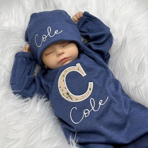 Personalized Newborn Outfit for Baby Boy | Blue Beige Coming Home Hospital Outfit | Boy Clothes | Baby Shower Gift | Monogrammed footie