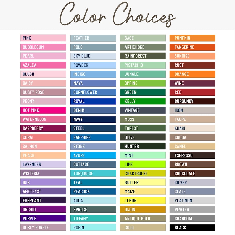 a color chart with the names of different colors
