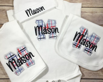 Baby Boy COMING HOME Outfit - Red Black Monogram Bodysuit, Blue Personalized Baby Bodysuit Outfit , Take Home Outfit Newborn