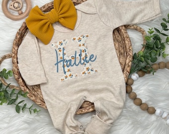 Personalized oatmeal baby girl gown and bow set | Vintage floral infant coming home outfit | Baby shower gift| Teal Mustard Baby Girl Outfit