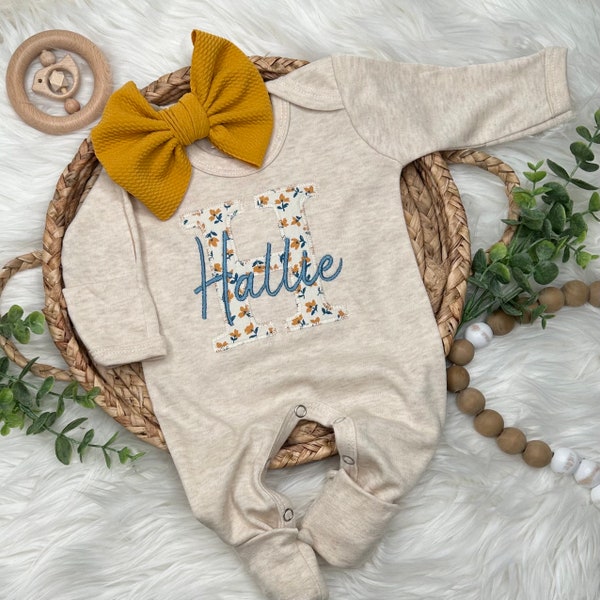 Personalized oatmeal baby girl gown and bow set | Vintage floral infant coming home outfit | Baby shower gift| Teal Mustard Baby Girl Outfit