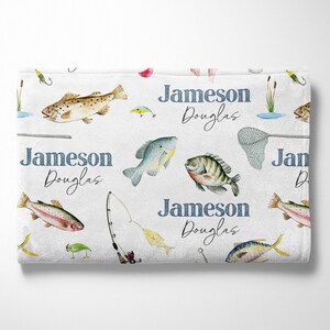 Personalized Minky Fishing Blanket for Baby Boy | Custom Name Nursery Swaddle image 2