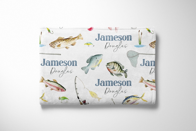 Personalized Minky Fishing Blanket for Baby Boy | Custom Name Nursery Swaddle image 2
