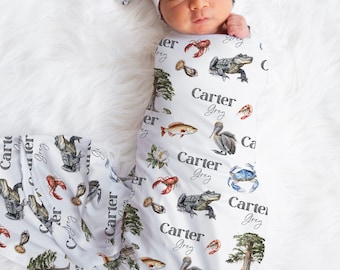 Personalized Baby Boy Blanket | Louisiana Wildlife Nursery Swaddle, Custom Name Gift