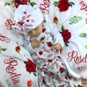 Baby Girl Coming Home Oufit Watercolor Red Rose Personalized Floral Baby Gown Set  Custom Baby Name Blanket Baby Girl Hospital Outfit