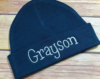 Personalized Baby Navy Beanie Hat Monogrammed Baby Hat Custom Baby Hat Infant Boy Personalized Newborn Baby Shower Gift