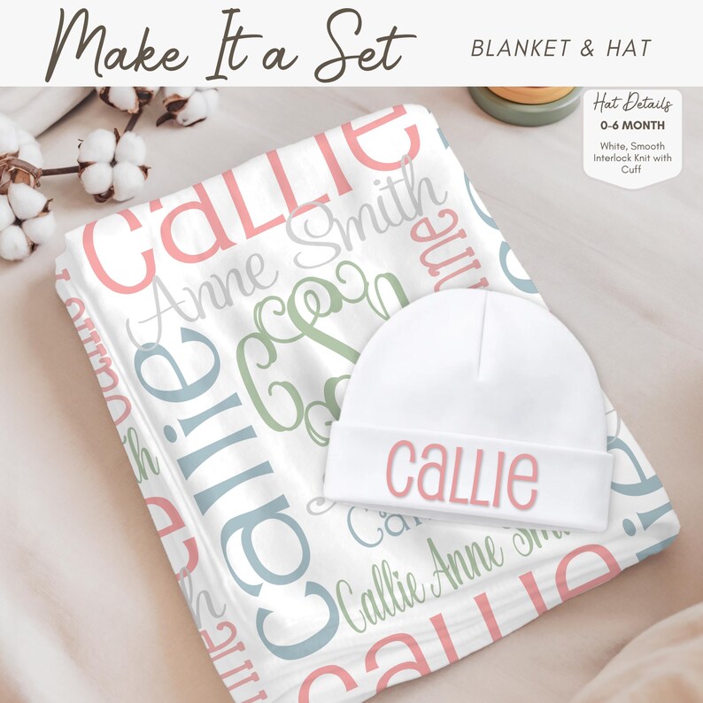 a blanket and a hat with the name "Callie" printed on them.
