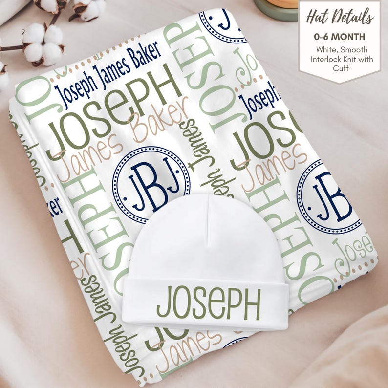 a white knit hat with the name "Joseph" printed on it, placed on top of a white blanket with the name "James Baker" printed on it.