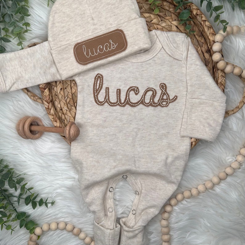 Baby boy custom neutral coming home outfit, Personalized baby romper and hat set, custom infant boy coming home outfit, sleeper with footies image 5