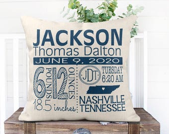 Personalized Birth Announcement Pillow, Boy Nursery Decor, Baby Gift
