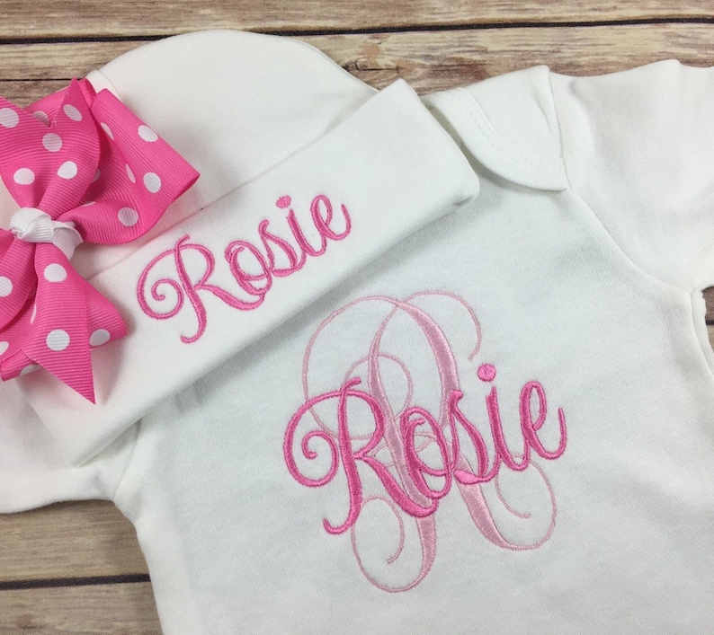 Baby Girl Coming Home Outfit Monogram Baby Gown Beanie Hat Etsy