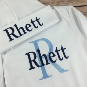Personalized Baby Gown Take Home Outfit, Monogram Baby Beanie Hat, Newborn Boy Outfit, Baby Boy Outfit, Infant Gown Baby Boy Outfit