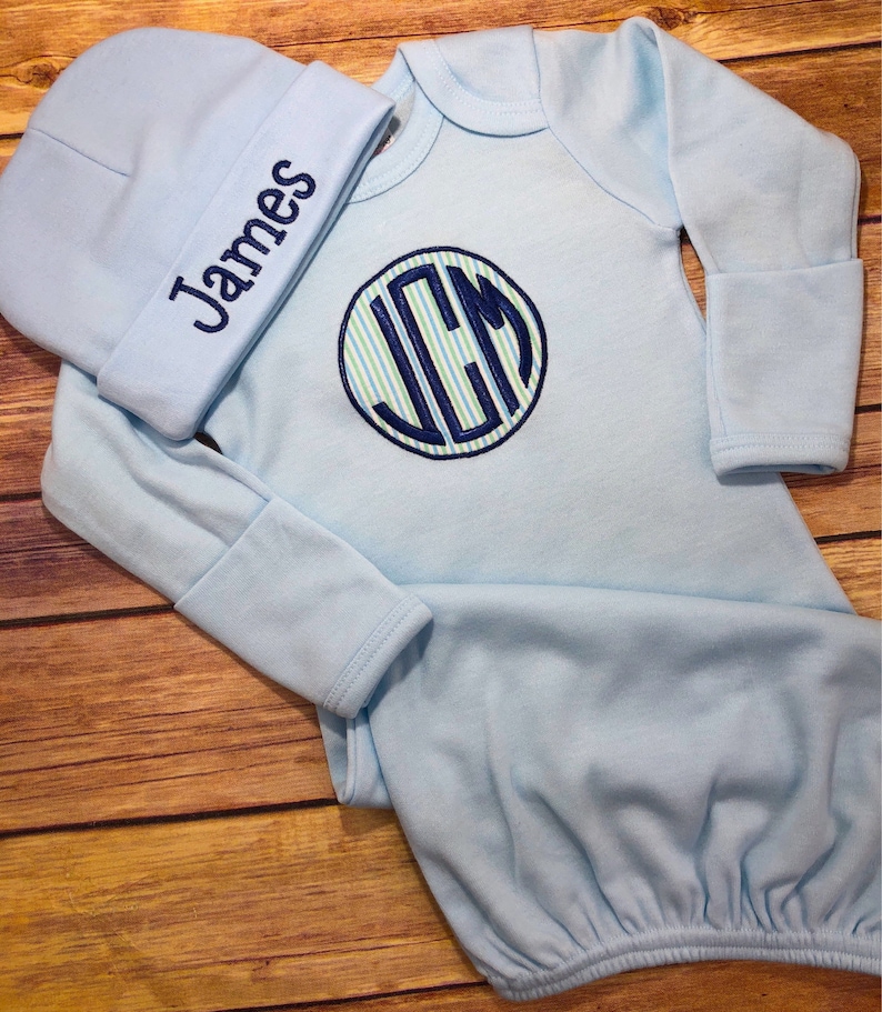 Baby Boy COMING HOME Outfit Personalized Blue Seersucker Baby Outfit Baby Shower Baby Gown Personalized Baby Boy Take Home Outfit Newborn