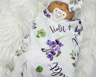 Personalized Coming Home Oufit girl Floral Baby Blanket Watercolor Violet Baby Name Blanket Newborn Hospital Outfit for Baby Girl Clothes