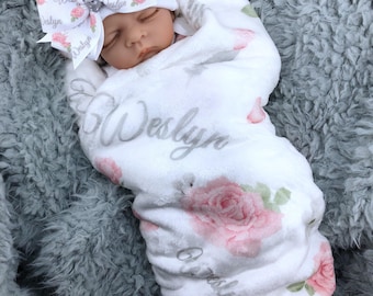 Personalized Floral Baby Blanket, Custom Name Swaddle Set (30" x 40")