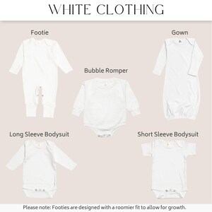 a collection of white baby clothing items, including a footie, gown, bubble jumper, long sleeve bodysuit, short sleeve bodysuit, and a long sleeve body suit. The clothing items are designed with a roomie fit to allow for growth.