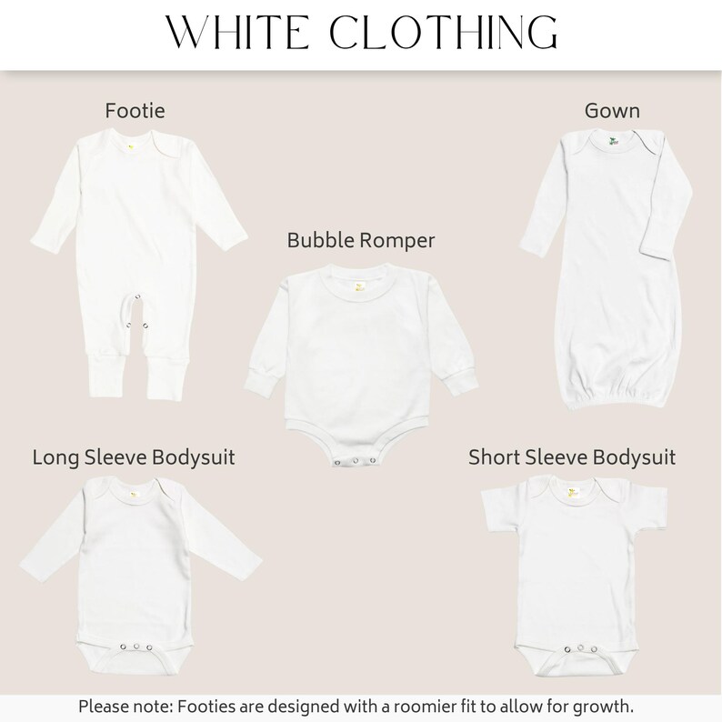 a collection of white baby clothing items, including a footie, gown, bubble jumper, long sleeve bodysuit, short sleeve bodysuit, and a long sleeve body suit. The clothing items are designed with a roomie fit to allow for growth.