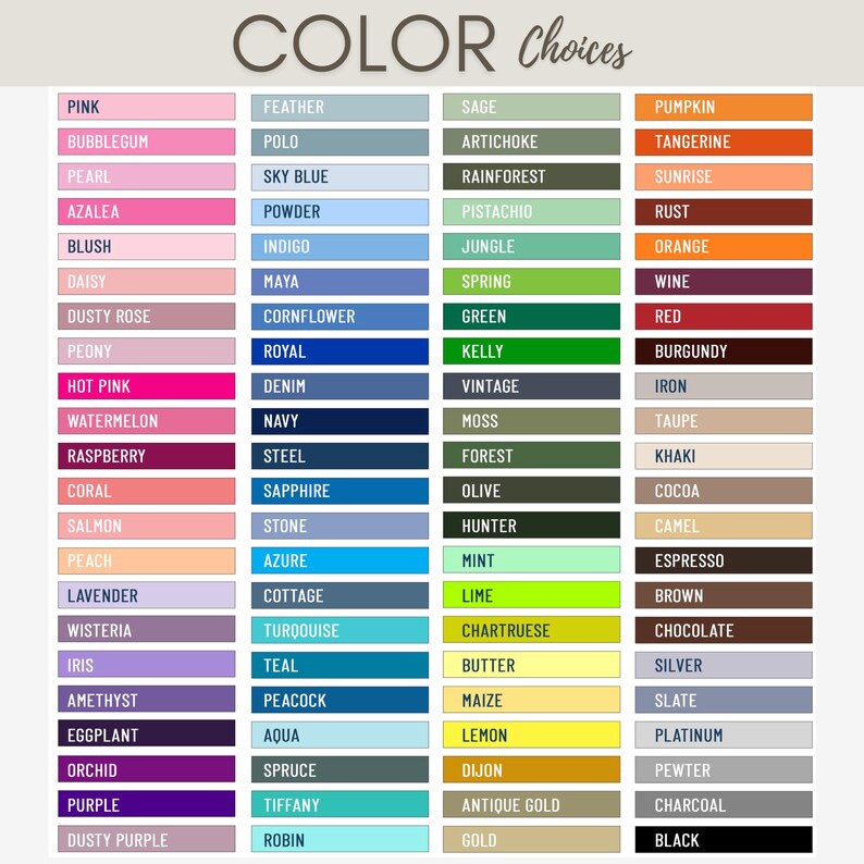 a color choices list with various color names and their corresponding shades.