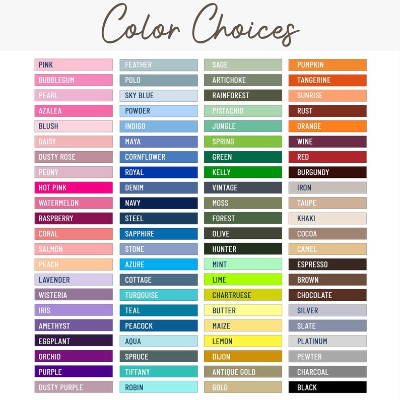 a color chart with the names of different colors
