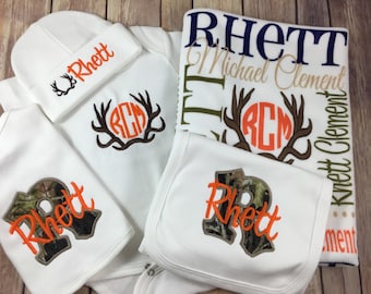 Baby Boy COMING HOME Outfit - Monogram Camo Bodysuit, Personalized Baby Gown Deer Antler , Take Home Outfit Newborn Bodysuit