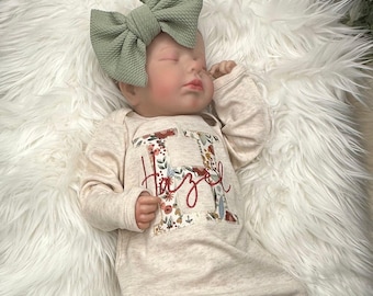Personalized baby girl gown and bow set | Vintage floral oatmeal coming home outfit Sage Burgundy