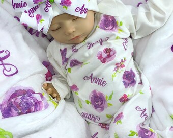 Personalized Baby Girl Outfit: Purple Floral Gown, Blanket & Hat Set