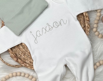 Personalized Baby Boy Coming Home Outfit, Sage Newborn Outfit for Boy, Baby Boy Romper with hat, Gender Neutral Baby Gifts,Newborn Set Name