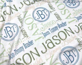 Personalized Baby Boy Blanket, Green Blue Custom Name Blanket, Monogram Nursery Bedding, Newborn Baby Gift