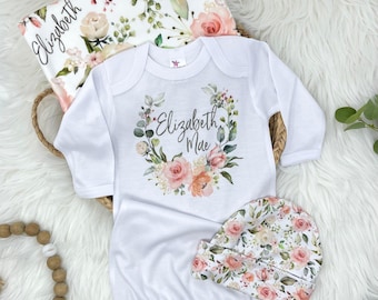 Floral Rose Personalized Swaddle Blanket and Hat Set for Newborn Girl