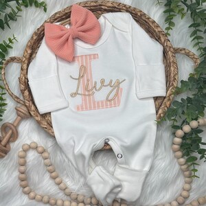 Personalized Baby Name Romper Embroidery, Monogrammed Initial, Going Home Outfit, Newborn Photo Prop, Custom Infant Gown image 1
