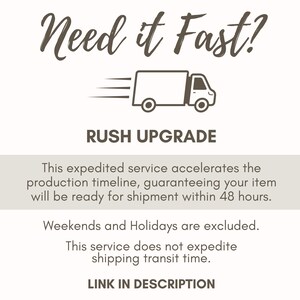 The image is a promotional graphic for a rush upgrade service. It features a delivery truck in motion, indicating that the service will deliver items within 48 hours. The service is described as expedited, meaning it will deliver items quickly. However, weekends and holidays are excluded from this service, as it does not provide shipping transit time for those days. The image does not provide any additional information about the service itself, but rather focuses on the promotional aspect.