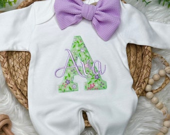 Personalized baby footie and bow | Lavender coming home outfit | Spring Floral Initial baby girl outfit, baby shower gift | boho baby set