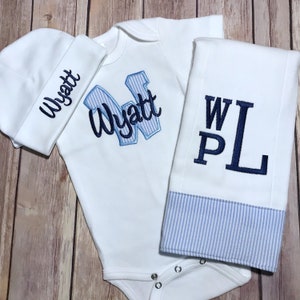 Baby Boy COMING HOME Outfit Take Home Outfit Monogram Newborn Boy outfit baby shower gift Newborn baby outfit Personalized Baby Hat Beanie