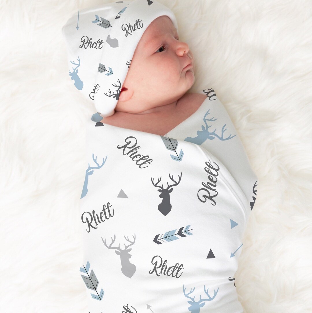 Baby Boy Swaddle Blanket Hat Set Custom Baby Shower Gift Hospital Name
