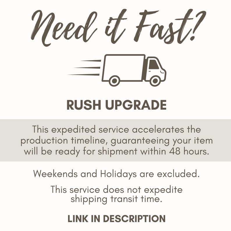 The image is a promotional graphic for a rush upgrade service. It features a delivery truck in motion, indicating that the service will deliver items within 48 hours. The service is described as expedited, meaning it will deliver items quickly. However, weekends and holidays are excluded from this service, as it does not provide shipping transit time for those days. The image does not provide any additional information about the service itself, but rather focuses on the promotional aspect.