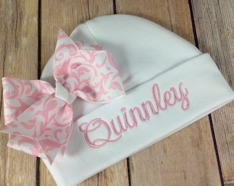 Personalized Baby Beanie: Pink Damask Bow, Monogrammed Newborn Hat
