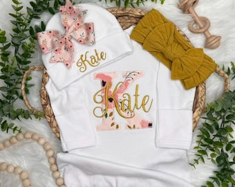 Personalized newborn coming home outfit with embroidered monogram, baby girl gown and romper set, matching bow headband, hospital photos