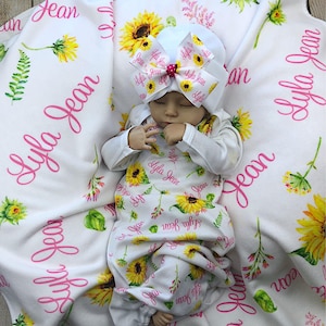 Personalized Baby Hospital Outfit Sunflower Baby Blanket Newborn Girl Gown Floral Swaddle Blanket Baby Girl Coming Home Outfit Boho Baby