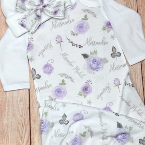 Lavender Floral Baby Blanket Personalized Baby Blanket, Baby Coming Home Outfit, Baby Name Blanket, Personalized Baby Girl Lavender Swaddle