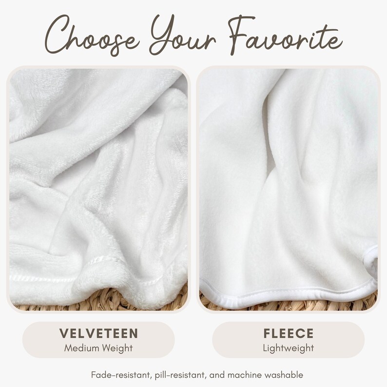 two different types of white blankets or sheets, labeled as "Velvetteen" and "Fleece", with text indicating their characteristics.