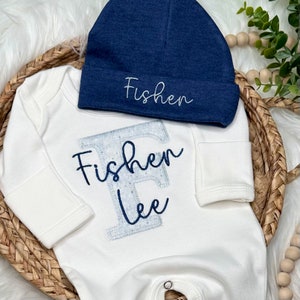 Personalized baby romper and hat | Blue baby boy coming home outfit | Newborn boy baby outfit | Baby hospital outfit | White and Navy outfit