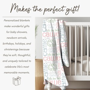 The image is a promotional graphic for personalized blankets, highlighting that they make perfect gifts for baby showers, newborn arrivals, birthdays, holidays, and christenings because they are soft, thoughtful, and uniquely tailored to celebrate life's most memorable moments.