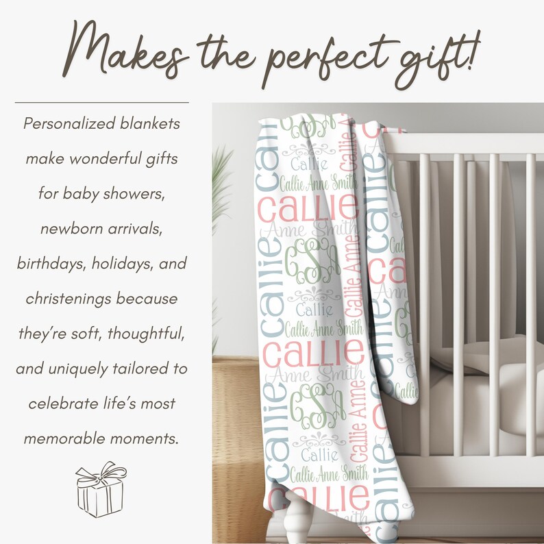 The image is a promotional graphic for personalized blankets, highlighting that they make perfect gifts for baby showers, newborn arrivals, birthdays, holidays, and christenings because they are soft, thoughtful, and uniquely tailored to celebrate life's most memorable moments.