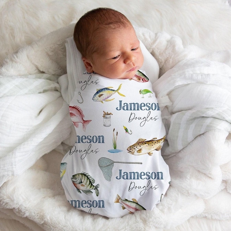 Personalized Minky Fishing Blanket for Baby Boy | Custom Name Nursery Swaddle image 1