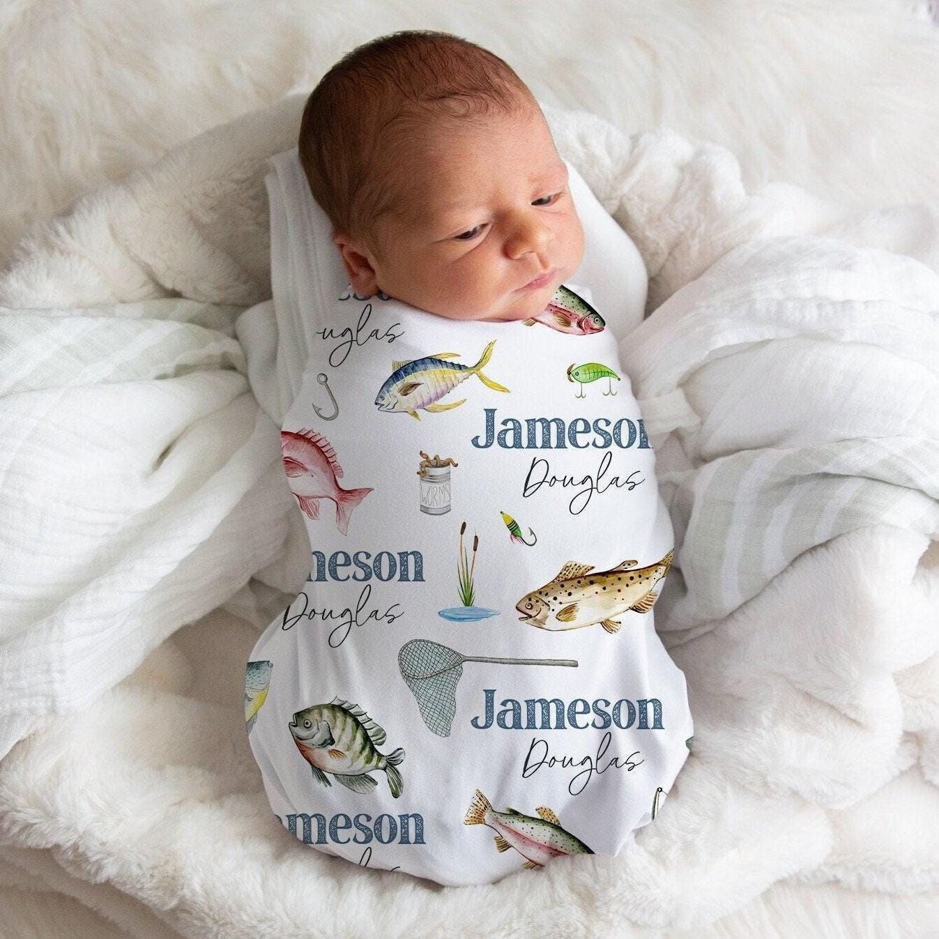 Personalized Minky Fishing Blanket for Baby Boy Custom Name Nursery Swaddle