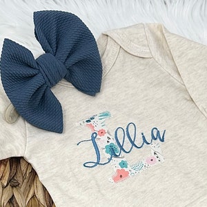 Personalized oatmeal baby girl gown and bow set | Vintage floral infant coming home outfit | Baby shower gift | Teal Mustard Hospital Outfit