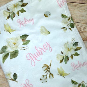 Personalized Floral Baby Blanket Magnolia Baby Blanket Custom Baby Coming Home Outfit Baby Name Blanket Baby Shower Gift Personalized Baby