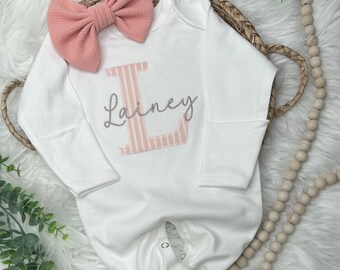 Personalized baby footie and bow | coming home outfit for baby girl Coral Stripe Initial baby girl outfit, baby shower gift | custom outfit