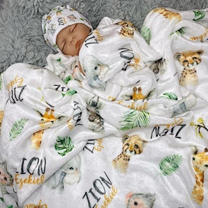 Safari Baby Blanket,  Baby Name Blanket, Personalized Baby Boy Blanket, Baby Boy Coming Home Outfit, Zebra Blanket, Baby Gown Set